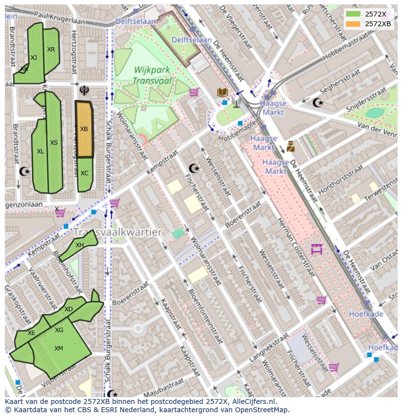 Afbeelding van het postcodegebied 2572 XB op de kaart.