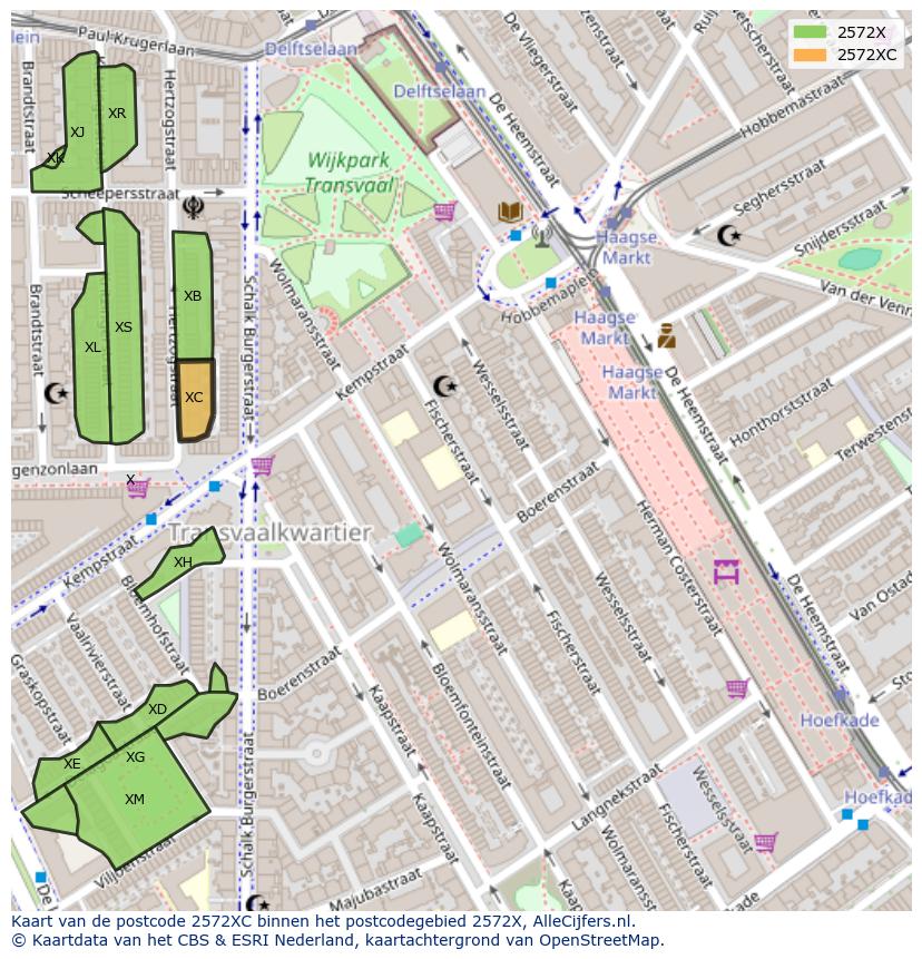 Afbeelding van het postcodegebied 2572 XC op de kaart.