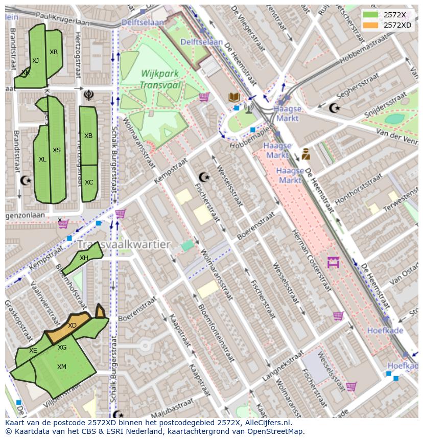 Afbeelding van het postcodegebied 2572 XD op de kaart.