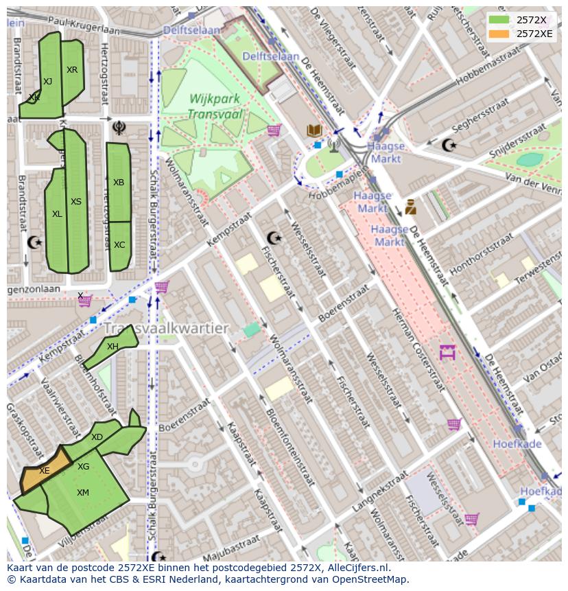 Afbeelding van het postcodegebied 2572 XE op de kaart.