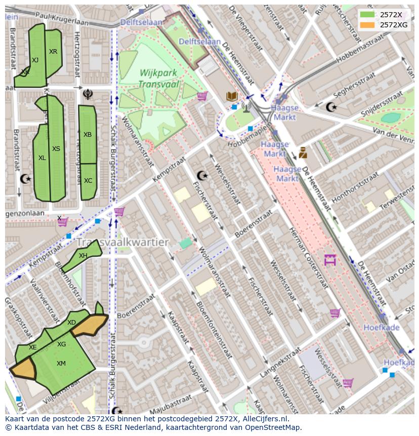 Afbeelding van het postcodegebied 2572 XG op de kaart.