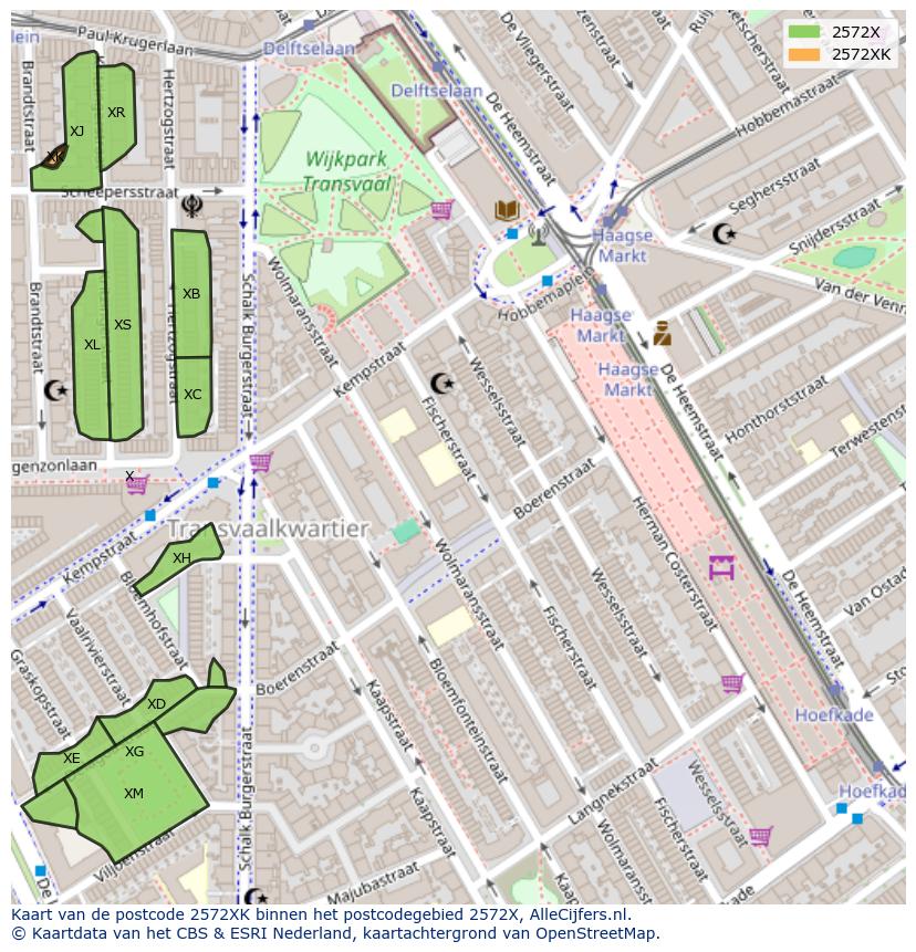 Afbeelding van het postcodegebied 2572 XK op de kaart.