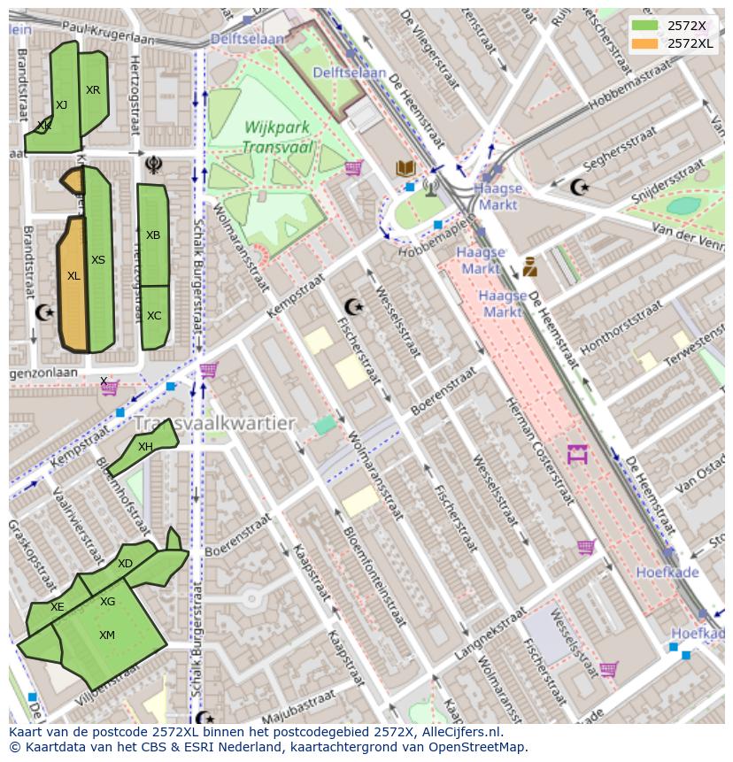 Afbeelding van het postcodegebied 2572 XL op de kaart.