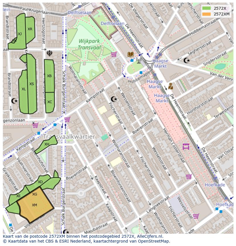 Afbeelding van het postcodegebied 2572 XM op de kaart.