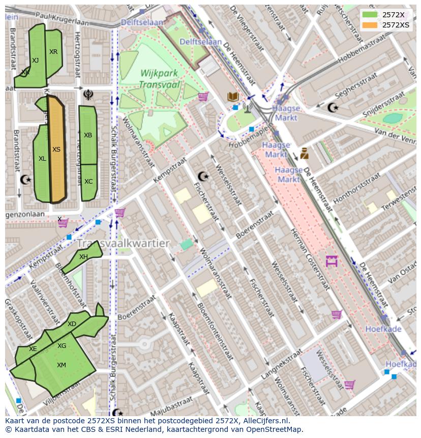Afbeelding van het postcodegebied 2572 XS op de kaart.