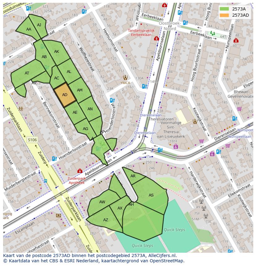 Afbeelding van het postcodegebied 2573 AD op de kaart.