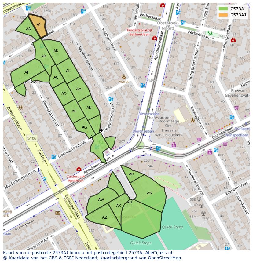 Afbeelding van het postcodegebied 2573 AJ op de kaart.