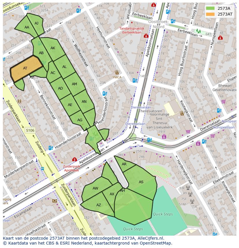 Afbeelding van het postcodegebied 2573 AT op de kaart.
