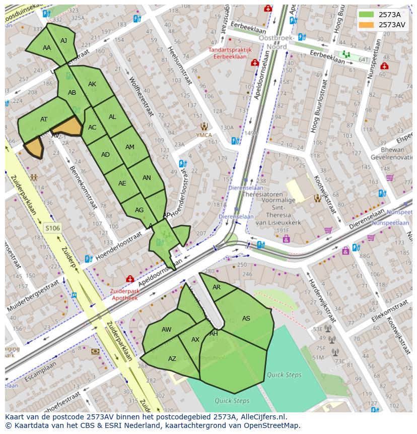 Afbeelding van het postcodegebied 2573 AV op de kaart.