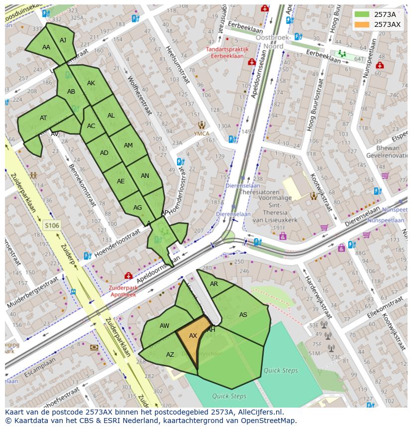 Afbeelding van het postcodegebied 2573 AX op de kaart.