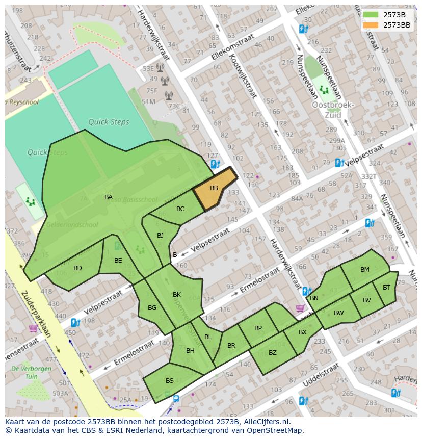 Afbeelding van het postcodegebied 2573 BB op de kaart.