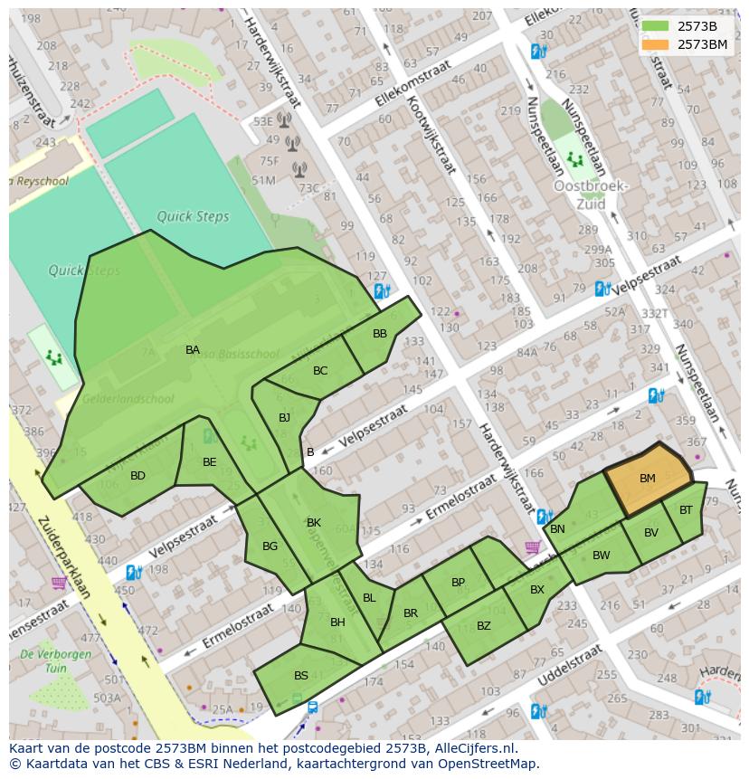 Afbeelding van het postcodegebied 2573 BM op de kaart.