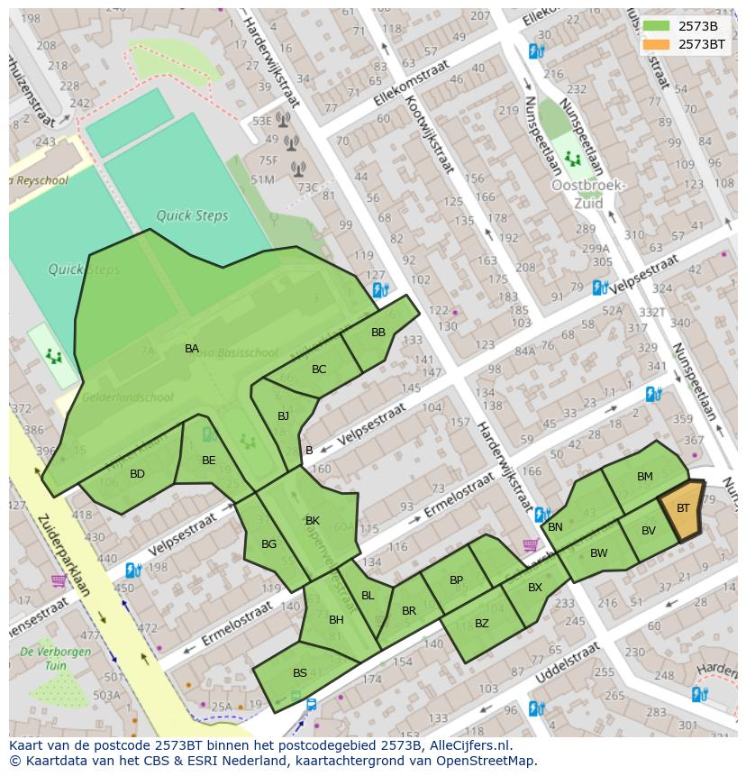 Afbeelding van het postcodegebied 2573 BT op de kaart.