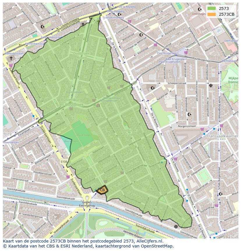 Afbeelding van het postcodegebied 2573 CB op de kaart.