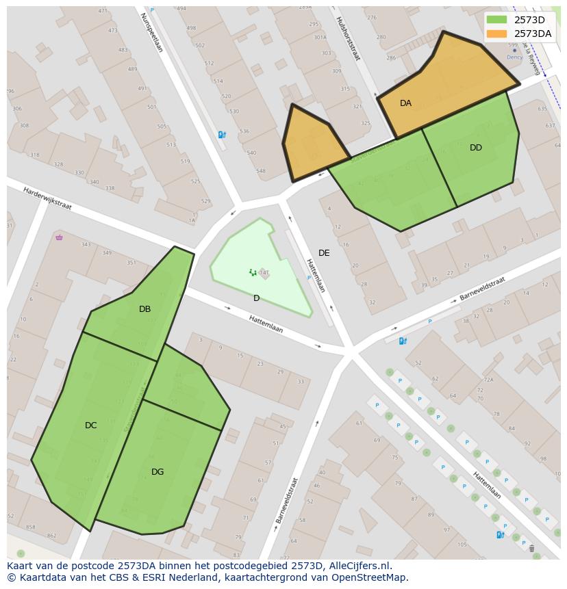 Afbeelding van het postcodegebied 2573 DA op de kaart.