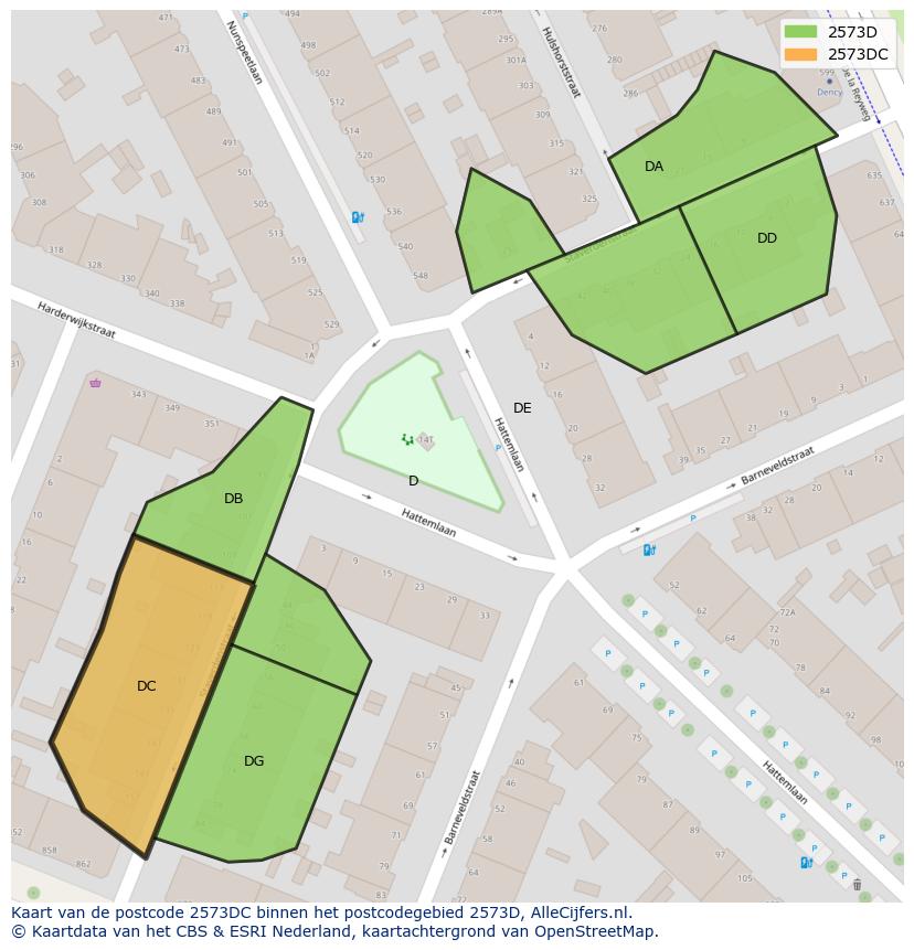 Afbeelding van het postcodegebied 2573 DC op de kaart.