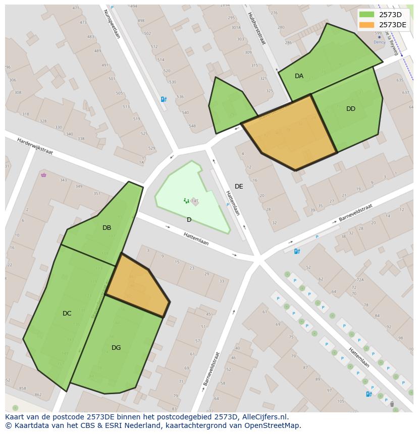 Afbeelding van het postcodegebied 2573 DE op de kaart.
