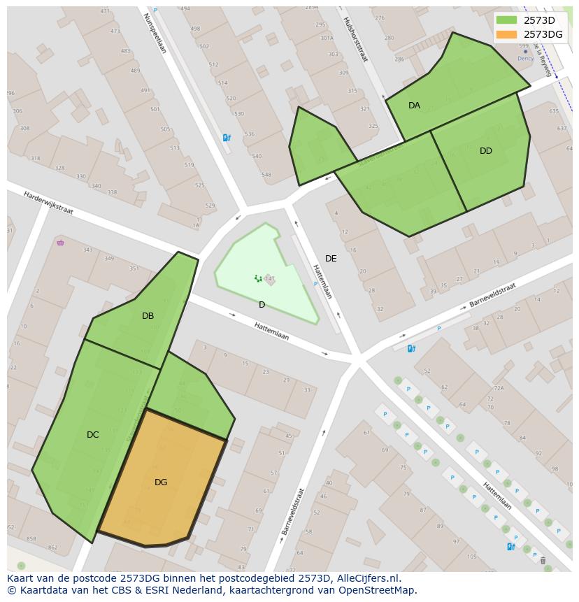 Afbeelding van het postcodegebied 2573 DG op de kaart.