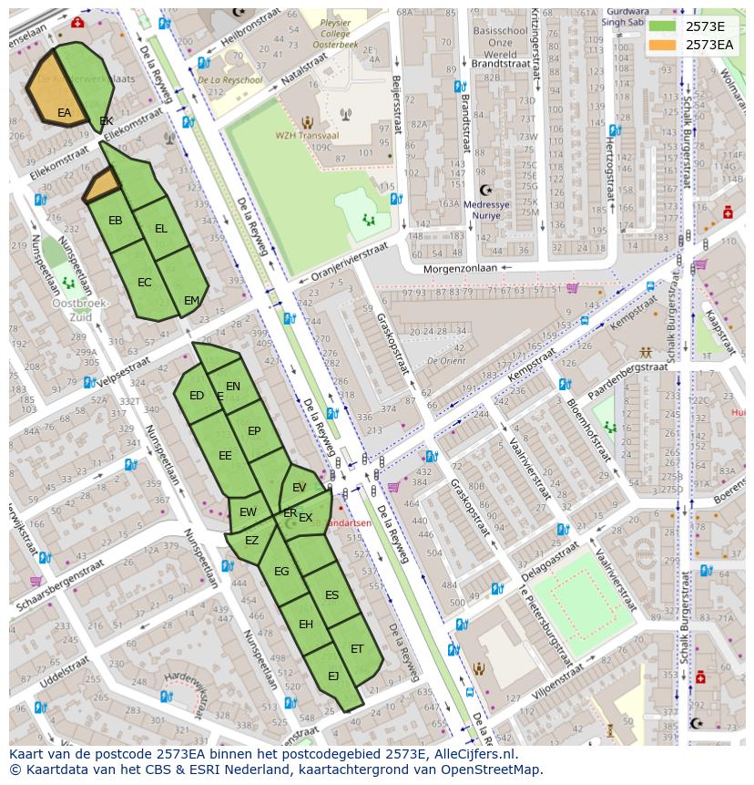 Afbeelding van het postcodegebied 2573 EA op de kaart.