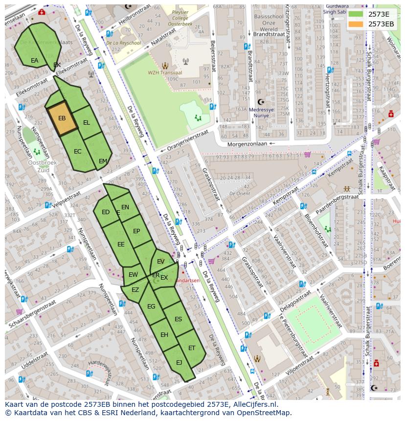 Afbeelding van het postcodegebied 2573 EB op de kaart.