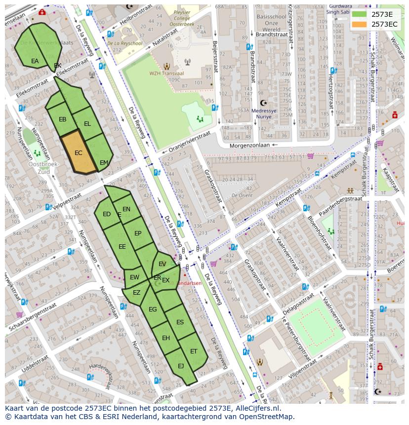 Afbeelding van het postcodegebied 2573 EC op de kaart.