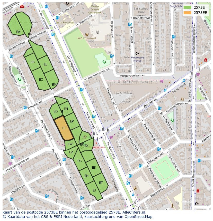 Afbeelding van het postcodegebied 2573 EE op de kaart.