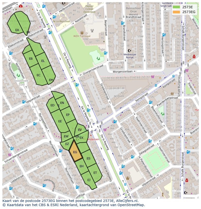 Afbeelding van het postcodegebied 2573 EG op de kaart.