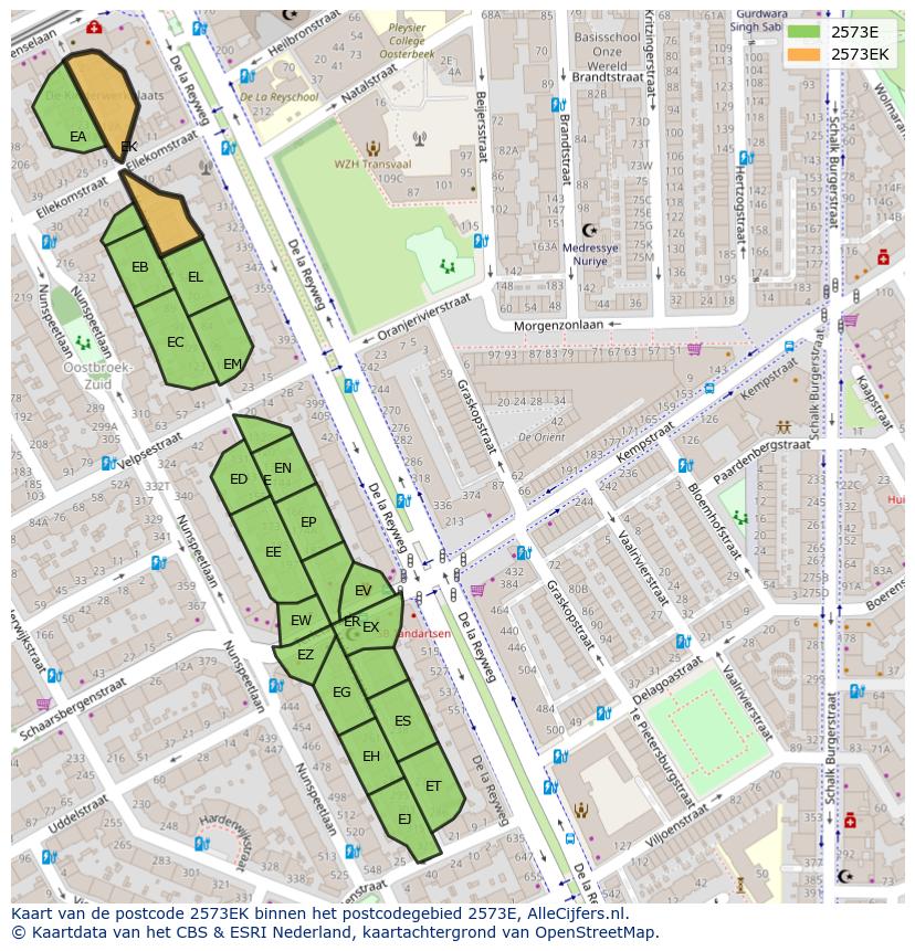 Afbeelding van het postcodegebied 2573 EK op de kaart.