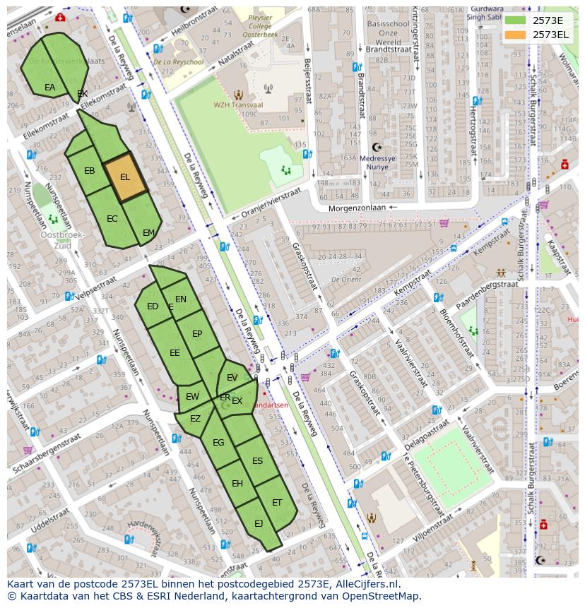 Afbeelding van het postcodegebied 2573 EL op de kaart.