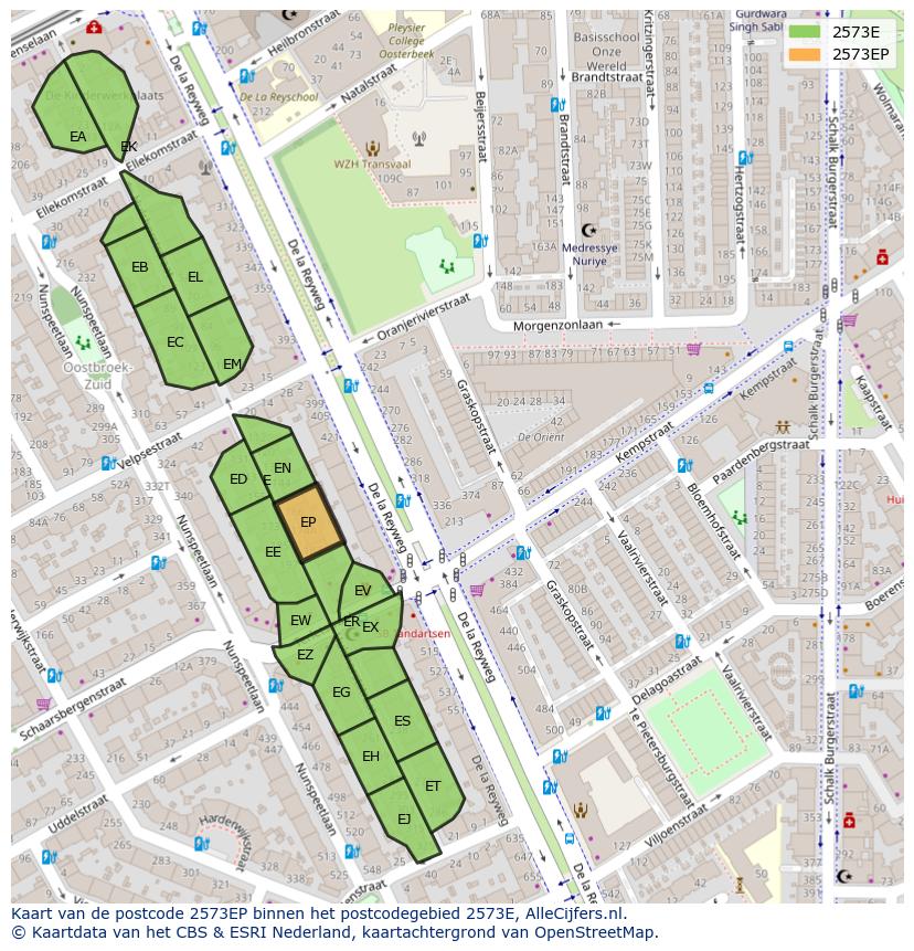 Afbeelding van het postcodegebied 2573 EP op de kaart.