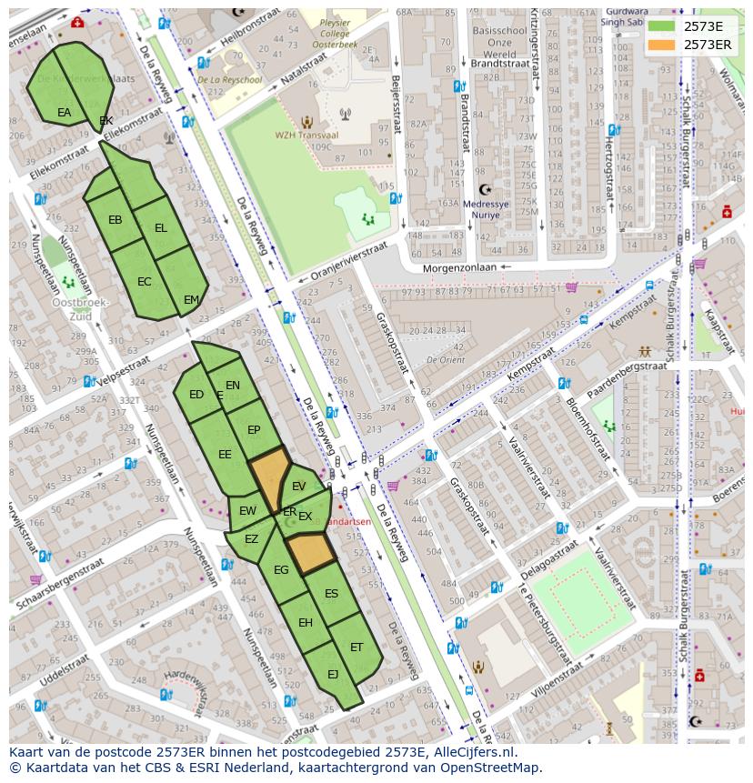 Afbeelding van het postcodegebied 2573 ER op de kaart.