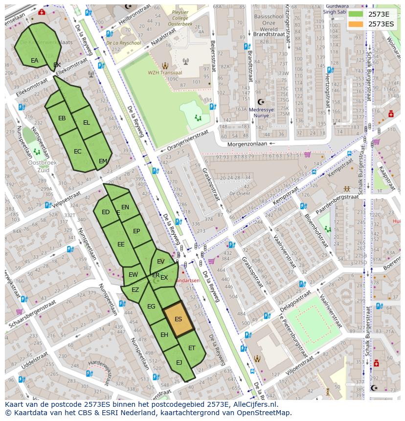 Afbeelding van het postcodegebied 2573 ES op de kaart.