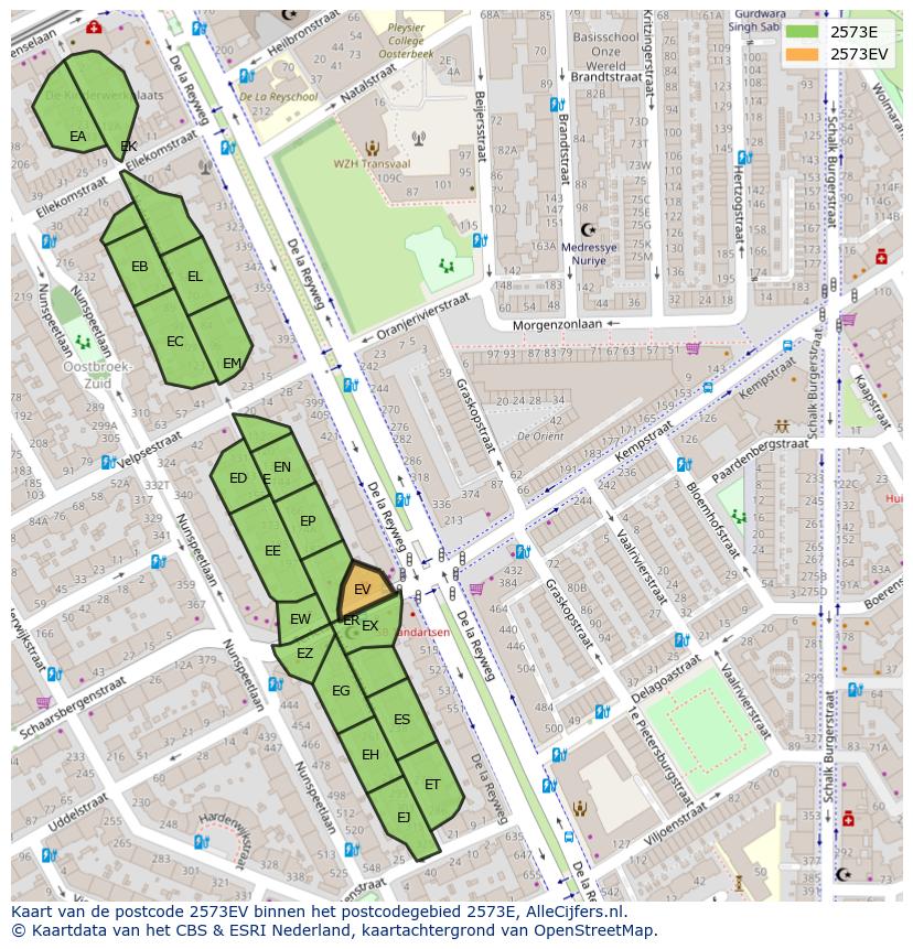 Afbeelding van het postcodegebied 2573 EV op de kaart.