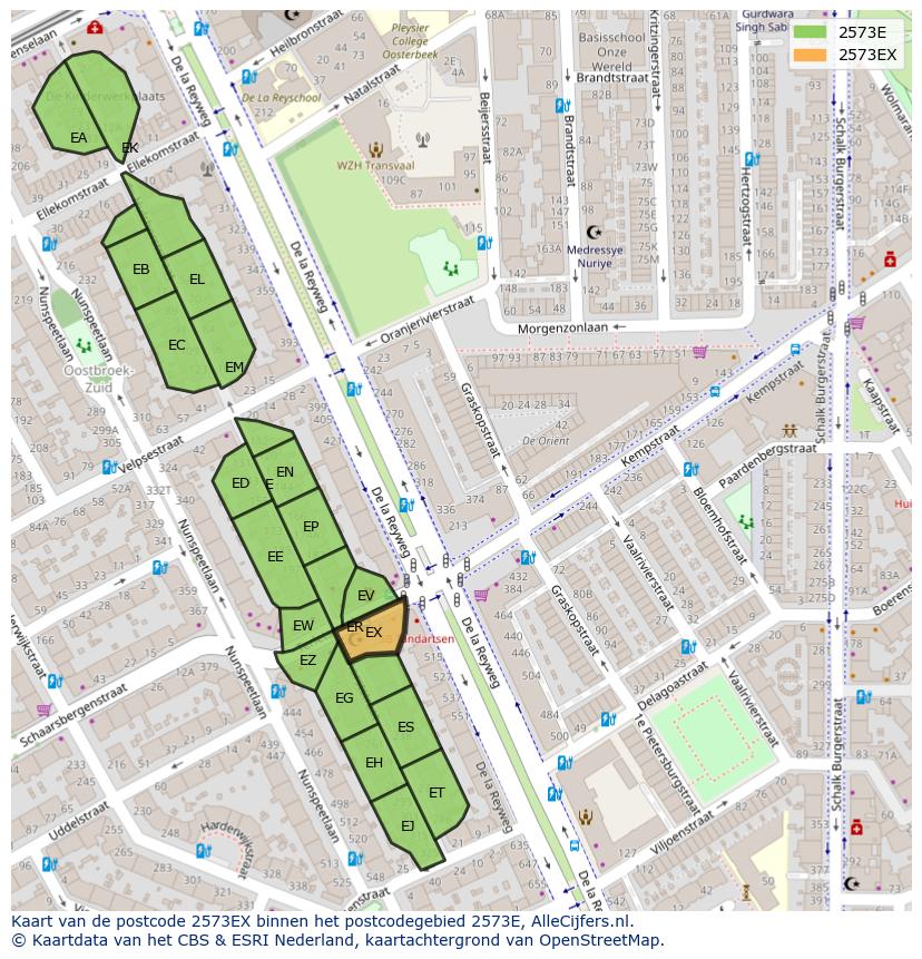 Afbeelding van het postcodegebied 2573 EX op de kaart.