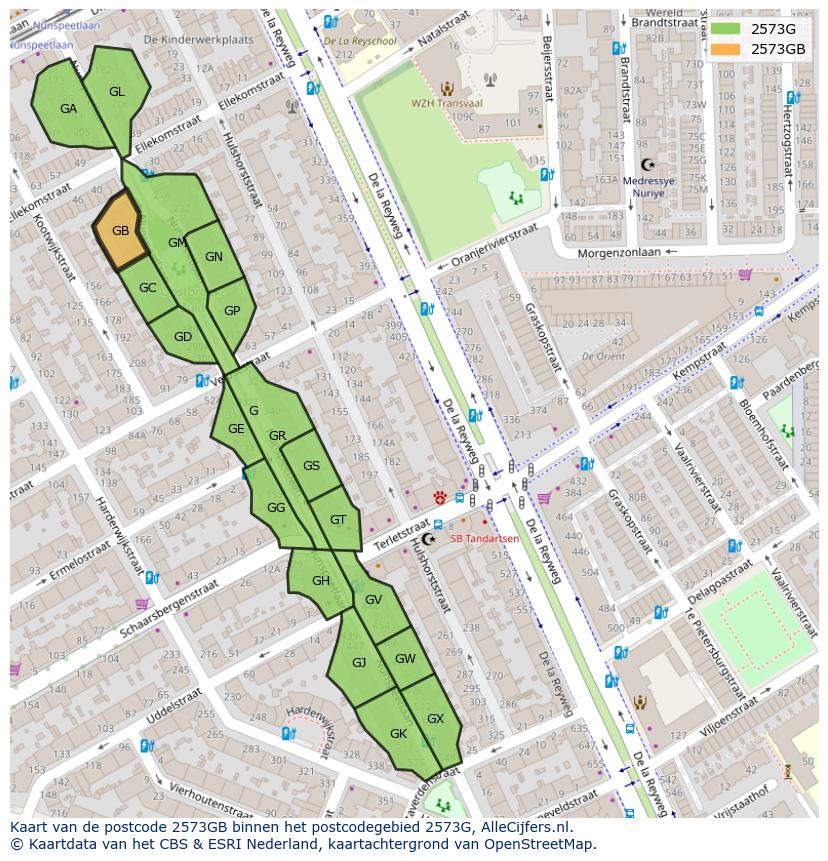 Afbeelding van het postcodegebied 2573 GB op de kaart.