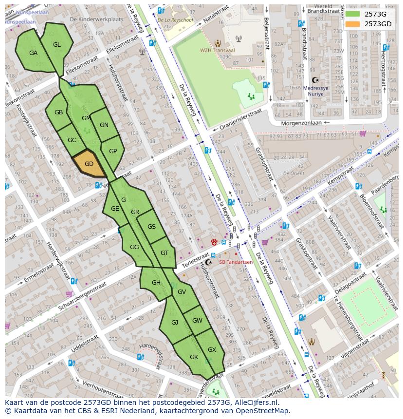 Afbeelding van het postcodegebied 2573 GD op de kaart.