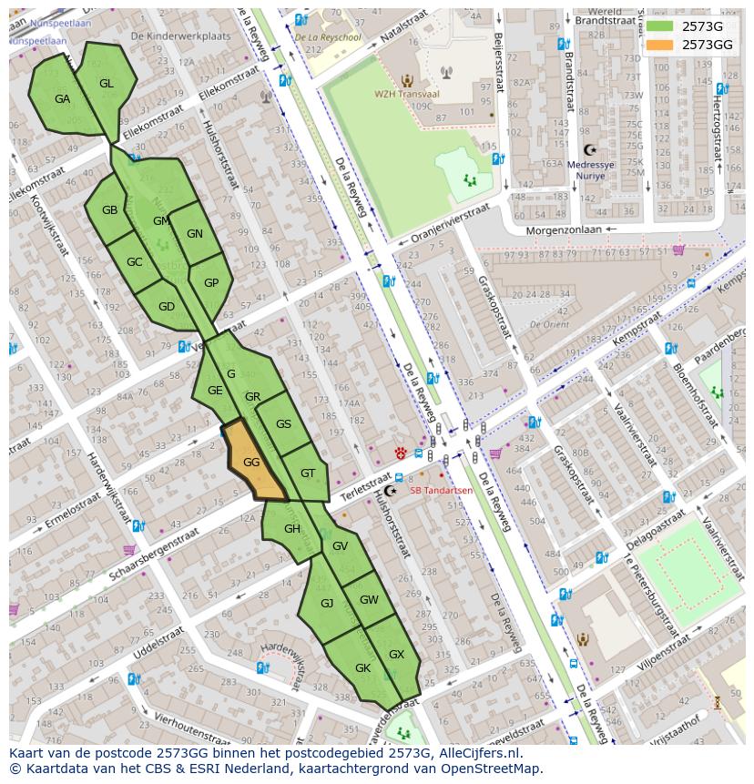 Afbeelding van het postcodegebied 2573 GG op de kaart.