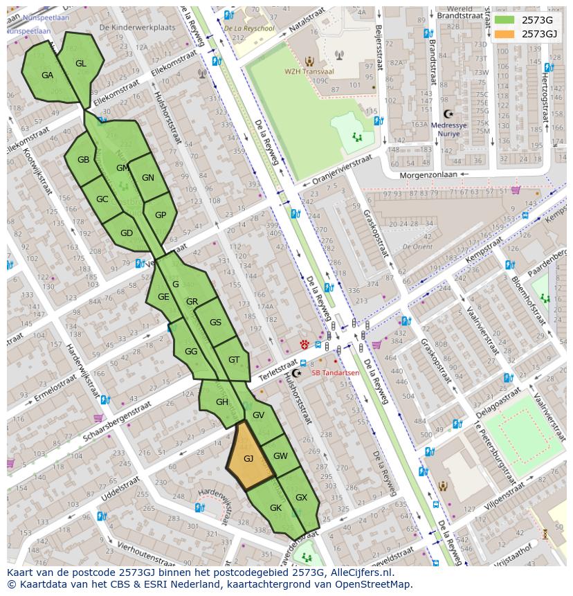 Afbeelding van het postcodegebied 2573 GJ op de kaart.
