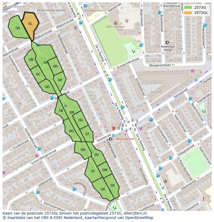 Afbeelding van het postcodegebied 2573 GL op de kaart.