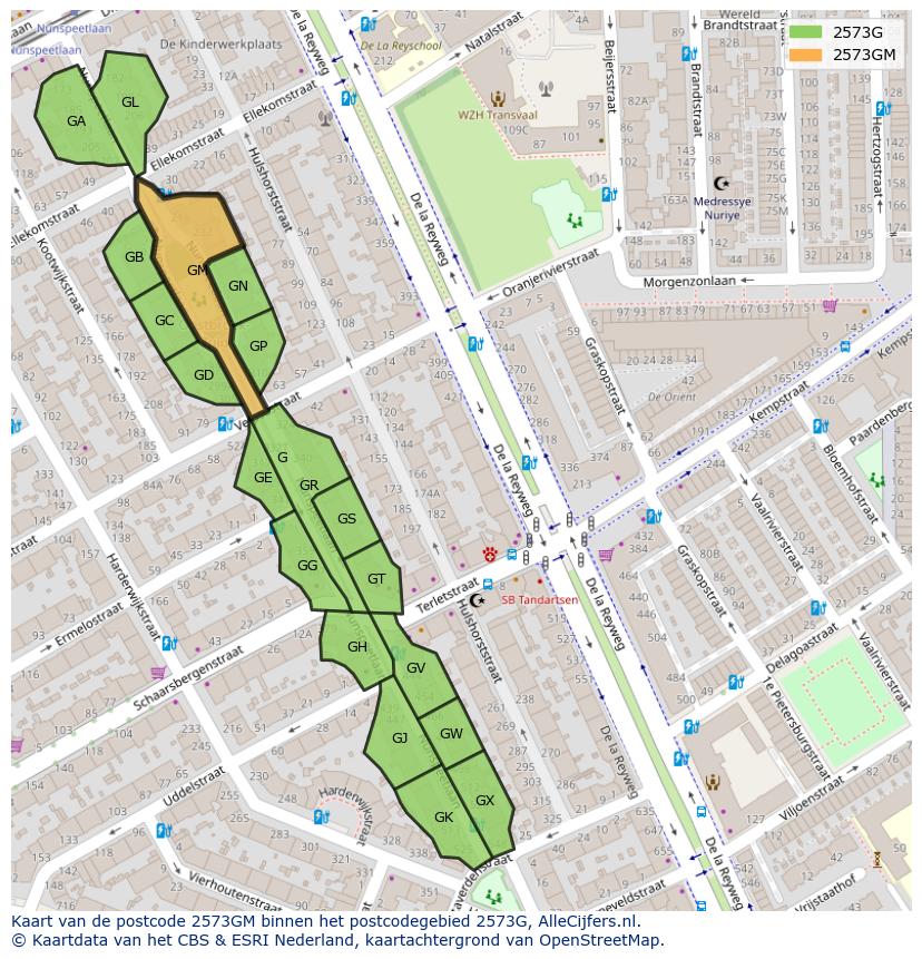 Afbeelding van het postcodegebied 2573 GM op de kaart.