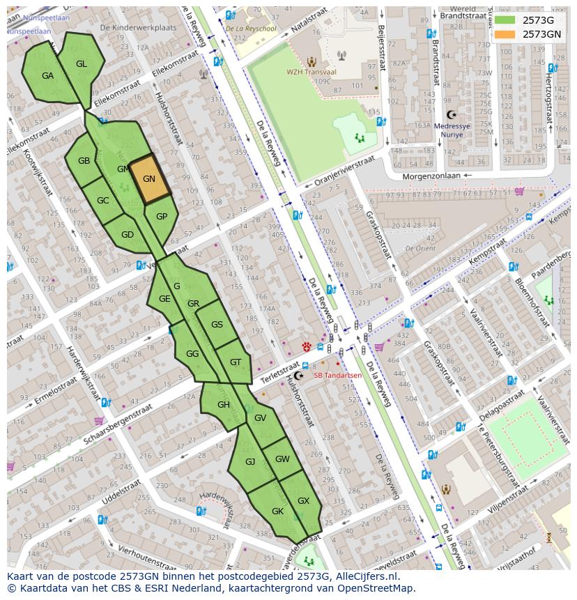 Afbeelding van het postcodegebied 2573 GN op de kaart.