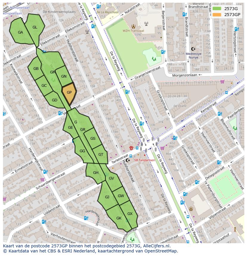 Afbeelding van het postcodegebied 2573 GP op de kaart.