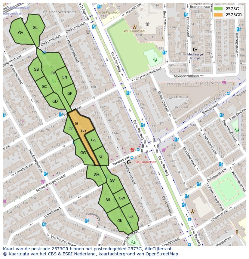 Afbeelding van het postcodegebied 2573 GR op de kaart.