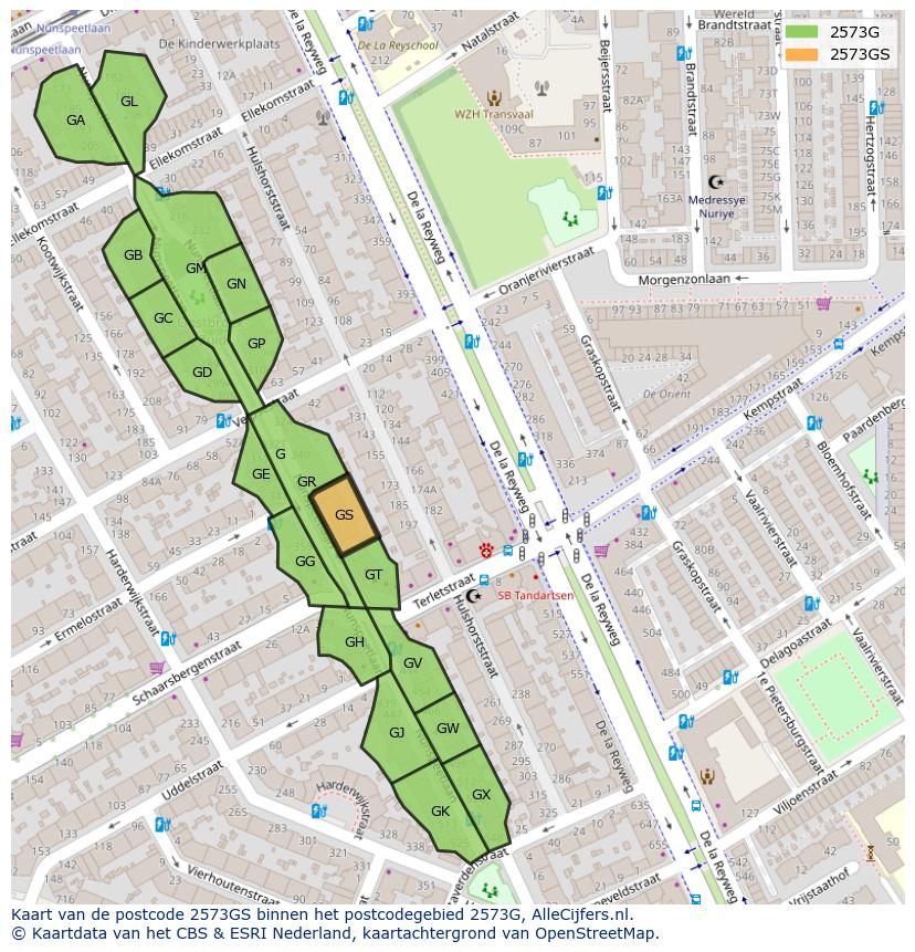Afbeelding van het postcodegebied 2573 GS op de kaart.