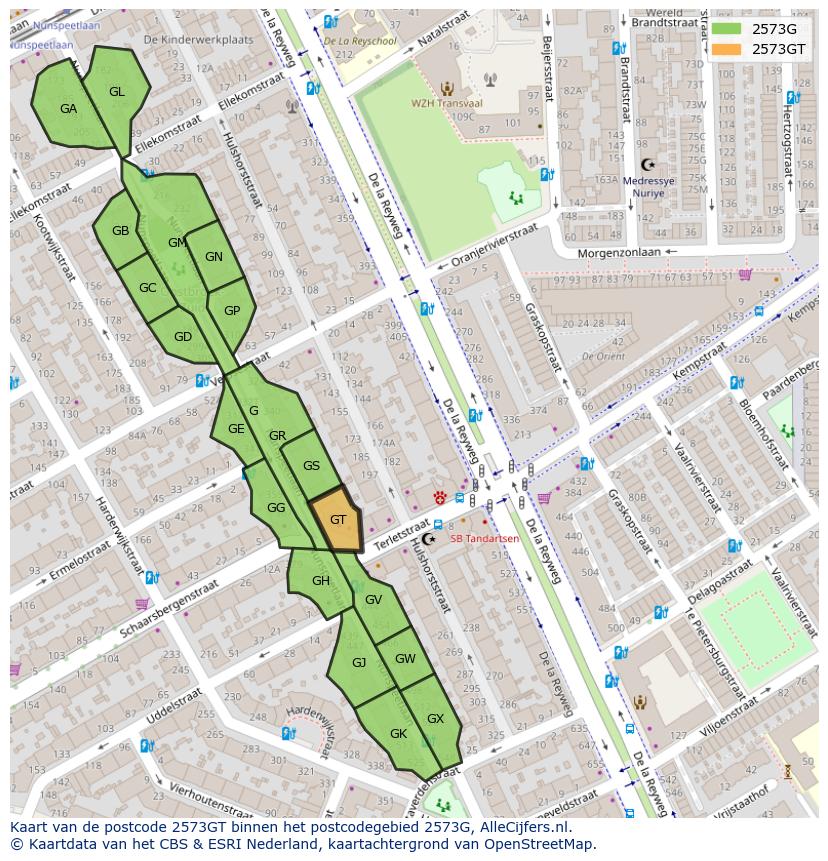 Afbeelding van het postcodegebied 2573 GT op de kaart.