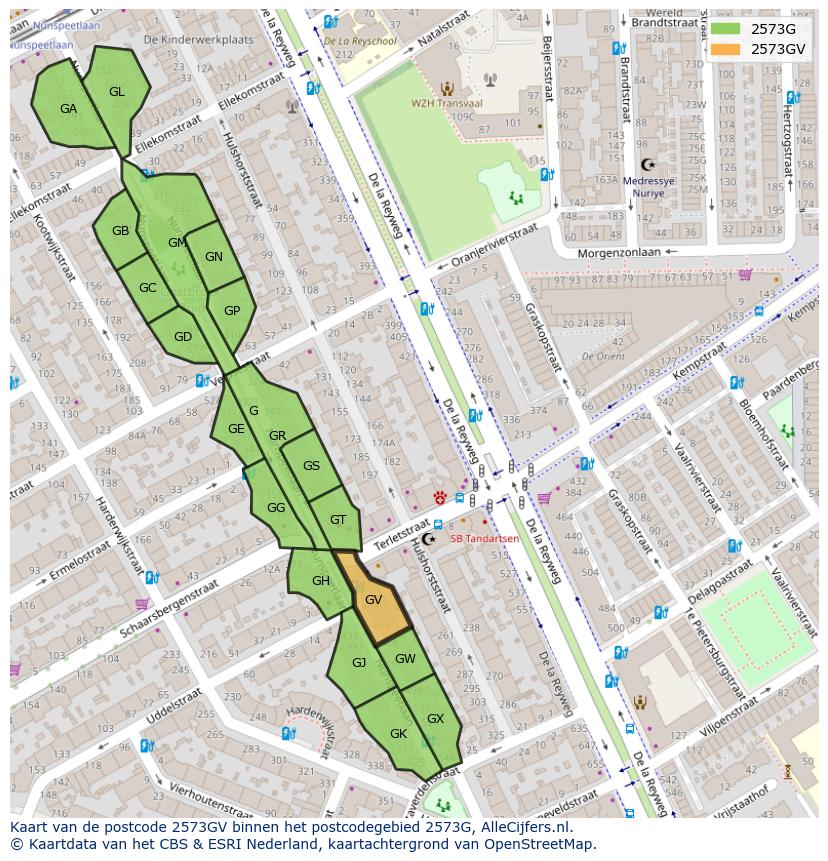 Afbeelding van het postcodegebied 2573 GV op de kaart.