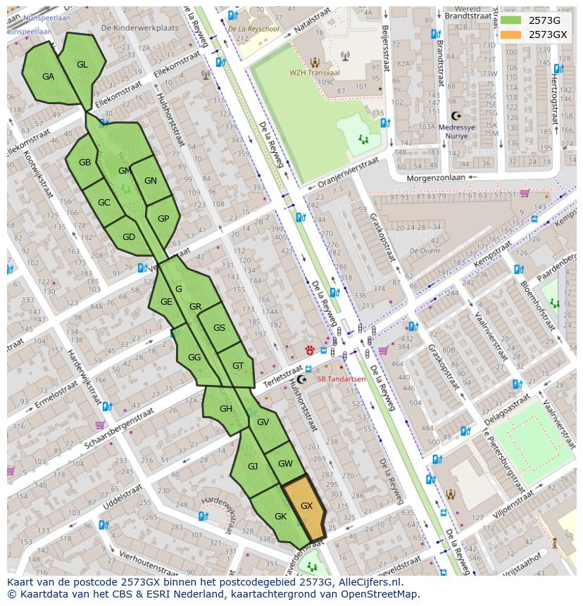 Afbeelding van het postcodegebied 2573 GX op de kaart.