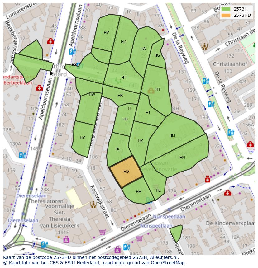 Afbeelding van het postcodegebied 2573 HD op de kaart.