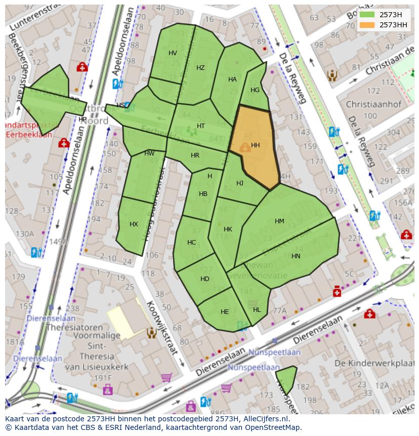 Afbeelding van het postcodegebied 2573 HH op de kaart.