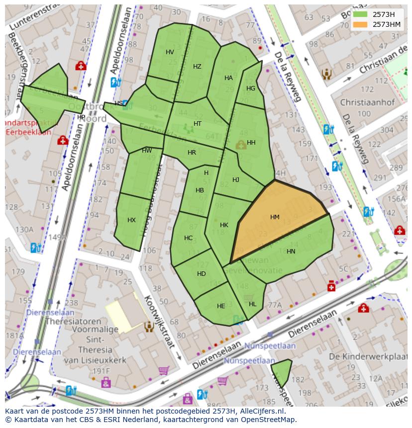 Afbeelding van het postcodegebied 2573 HM op de kaart.